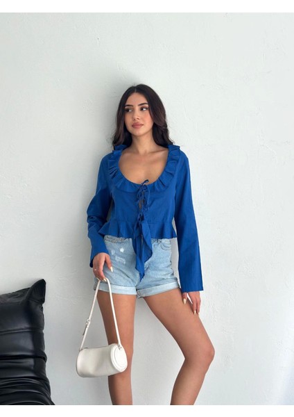 Keten Uzun Kol Bağacık Detaylı Bluz - Lacivert
