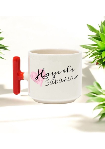 Hayırlı Sabahlar Tasarımlı Kırmızı T Kulplu Seramik Baskılı Kupa Bardak 250 ml