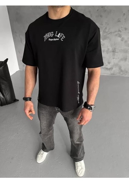 Unisex Baskılı Oversize T-Shirt - Siyah modelleri