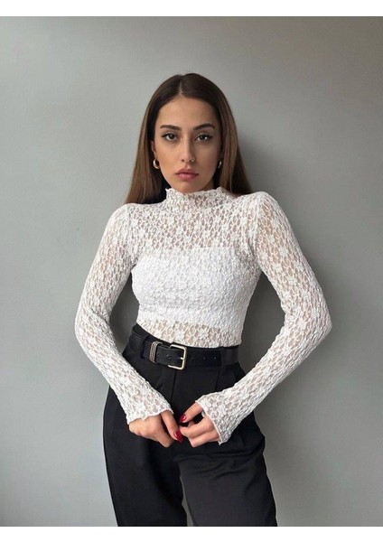 Kadın Likralı Dantel Transparan Uzun Kol Crop Bluz