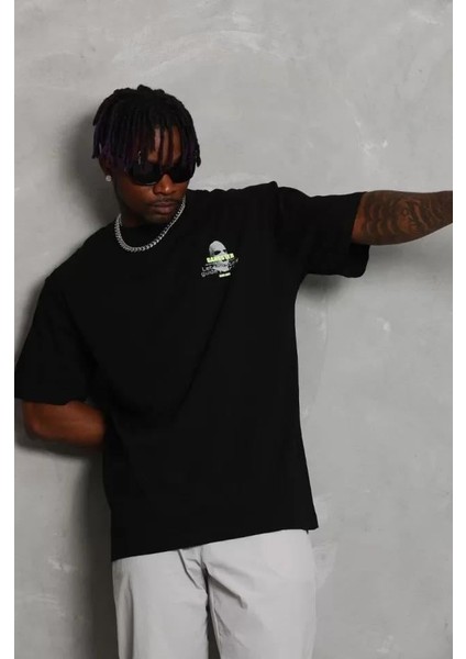 Unisex Oversize Baskılı Bisiklet Yaka T-Shirt - Siyah fırsatları