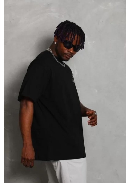 Unisex Oversize Baskılı Bisiklet Yaka T-Shirt - Siyah indirimleri