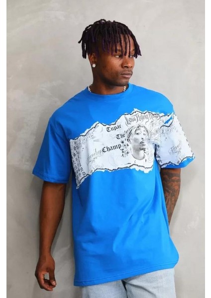 Unisex Bisiklet Yaka Baskılı Oversize T-Shirt - Mavi modelleri