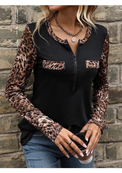 Kadın Uzun Kollu Önden Fermuarlı Cepli Leopar Detaylı Viskon