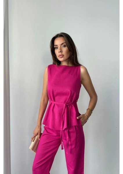 Keten Bluz - Pantolon Takım Massimo Model Screat Kumaş - Fuşya modelleri