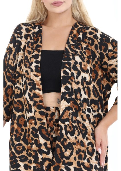 Leopar Kimono Hırkalı 2li Alt Üst Takım Bürümcük Kumaş Yazlık 2xl-6xl Oversize fiyatları