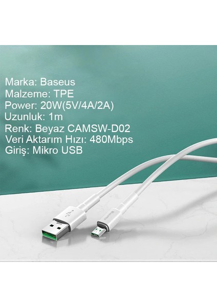Baseus Mini White Micro USB 4A Oppo Vıvo Dash USB Şarj Kablosu 1METRE-(5775) - NTR6342-1870 fiyatları