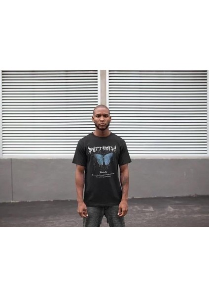 Unisex Bisiklet Yaka Baskılı Oversize T-Shirt - Siyah fiyatları