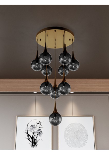 Galaxy Modern 10'lu Sarkıt Eskitme Metal Avize - Bal Rengi Cam, E27 Duy, Dekoratif Aydınlatma