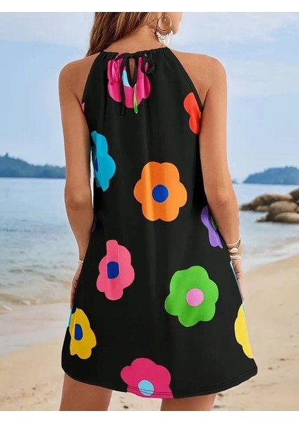 Kadın Boyundan Askılı Kolsuz Çiçek Desenli Süprem Elbise fırsatları