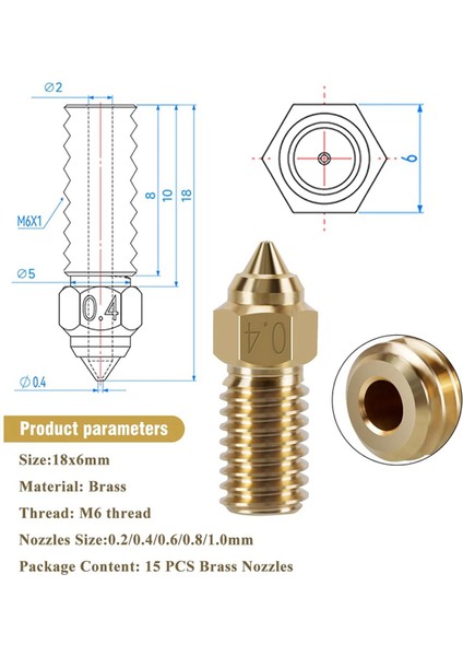Neptune 4 Için 15 Adet Çubuk Nozul, 7 Adet 0.4mm ve 2 Adet 0.2/0.6/0.8/1.0mm (Yurt Dışından) modelleri