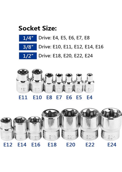 Torx Soket Seti Torx Yıldız Bit Tork Dişi E-Soket Seti E4-E24 14 Adet (Yurt Dışından)