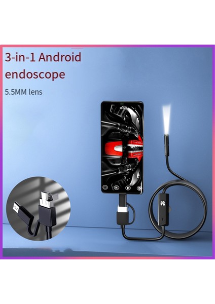 3'ü 1 Arada Endoskop Kamerası 480P/5.5MM/SABIT KABLO/IP67 Su Geçirmez 2m (Yurt Dışından)