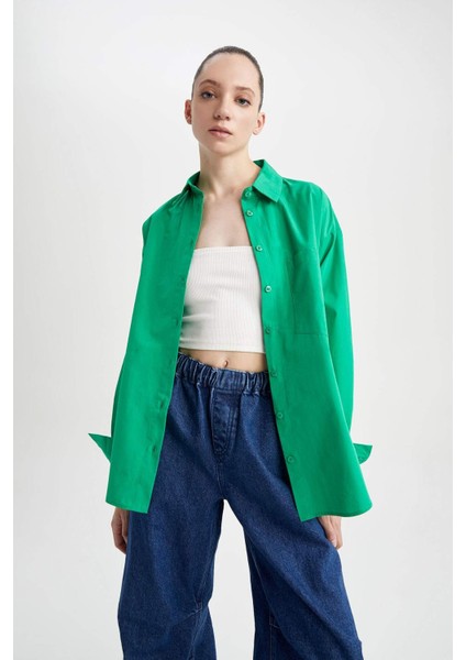 Oversize Fit Poplin Uzun Kollu %100 Pamuk Gömlek U7763AZ23SP