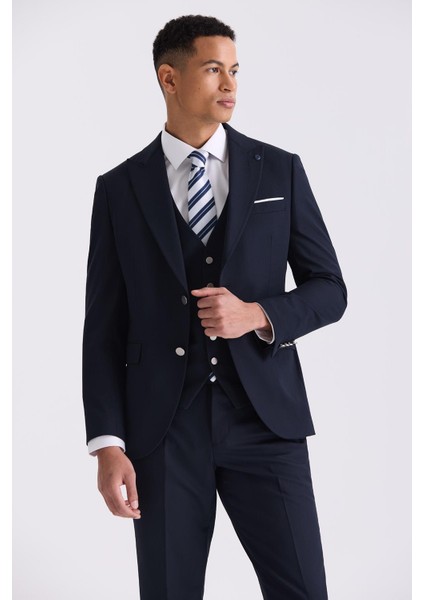 Lacivert Slim Fit Sivri Yaka Erkek Takım Elbise
