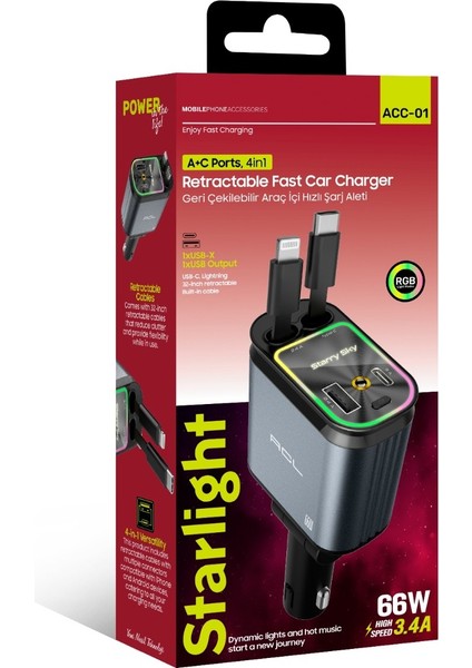 66W Hızlı Araç Şarj Aleti,RGB Işıklı,Yıldız Görsel Efektli,4'ü 1 Arada Type-C + Lightning Çek Bırak Makara Kablolu Android-Apple Uyumlu