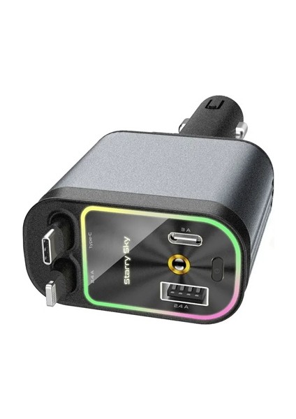 66W Hızlı Araç Şarj Aleti,RGB Işıklı,Yıldız Görsel Efektli,4'ü 1 Arada Type-C + Lightning Çek Bırak Makara Kablolu Android-Apple Uyumlu