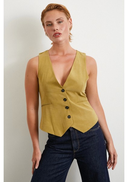 Cep Kapaklı Keten Yelek Olive