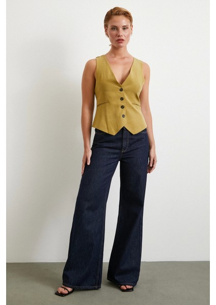 Cep Kapaklı Keten Yelek Olive fiyatları