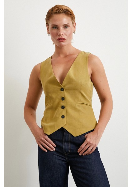 Cep Kapaklı Keten Yelek Olive modelleri