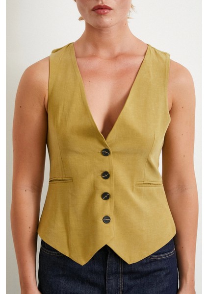 Cep Kapaklı Keten Yelek Olive fırsatları