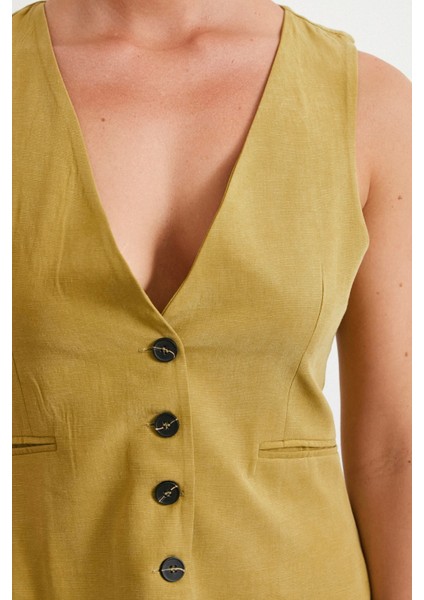 Cep Kapaklı Keten Yelek Olive indirimleri