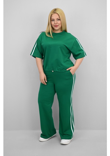 Kadın Büyük Beden Şerit ve Bel Büzgü Detaylı Kısa Kollu Eşofman Takımı 8197-25