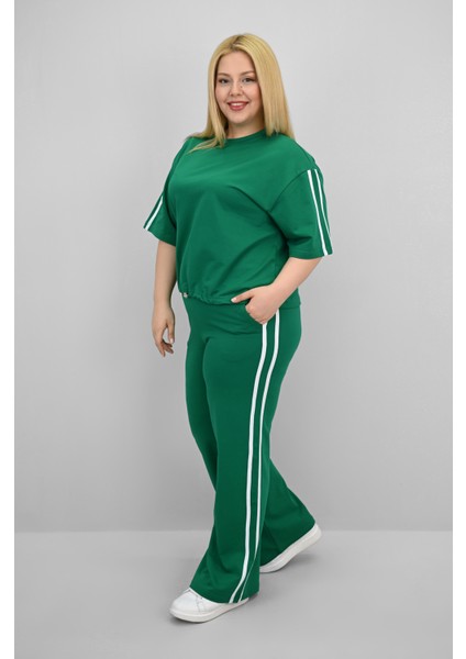 Kadın Büyük Beden Şerit ve Bel Büzgü Detaylı Kısa Kollu Eşofman Takımı 8197-25 fiyatları