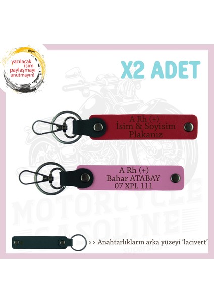 Motosiklet Aşıkları Için, Isim Plaka ve A Rh (+) Kan Grubu Yazılı X2 Anahtarlık, Kırmızı-Pembe-Laci