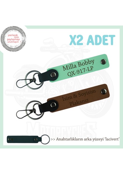 Motor Tutkunlarına Hediye, Isim ve Plaka Yazılı 2’li Deri Anahtarlık Takımı, Kahve-Yeşil-Laci
