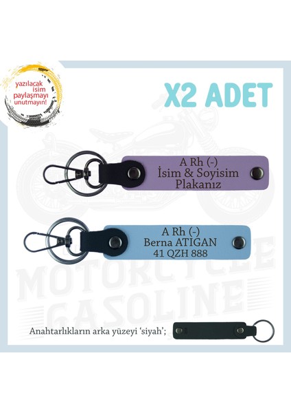 Hız Severlere Özel Armağan, Isim Plaka ve A Rh (-) Kan Grubu Yazılı X2 Anahtarlık Set, Mor-Mavi-Syh