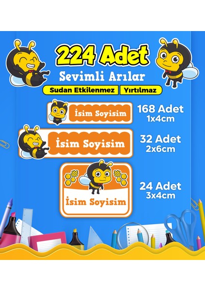 Sevimli Arı Temalı Okul Kreş Kişiye Özel Isim Etiket Seti - Model 442