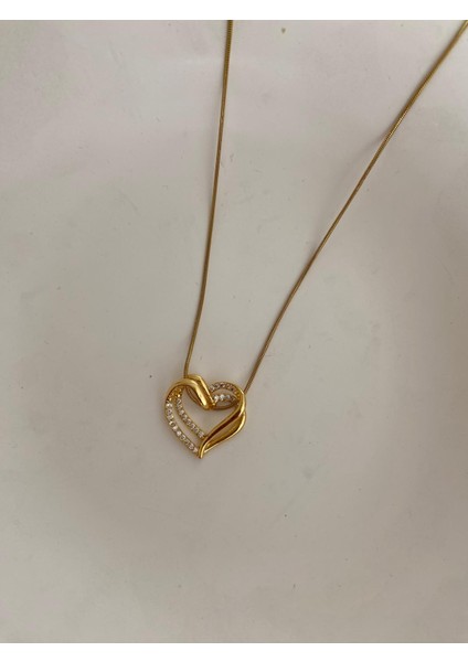 Içiçe Kalpli Zirkon Taşlı Altın Renkli Çelik Kolye