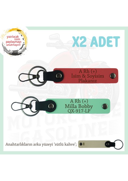 Baba Için, Isim Plaka ve A Rh (+) Kan Grubu Yazılı Kişisel Deri X2 Anahtarlık, Nar Çiçeği-Yeşil-Sk