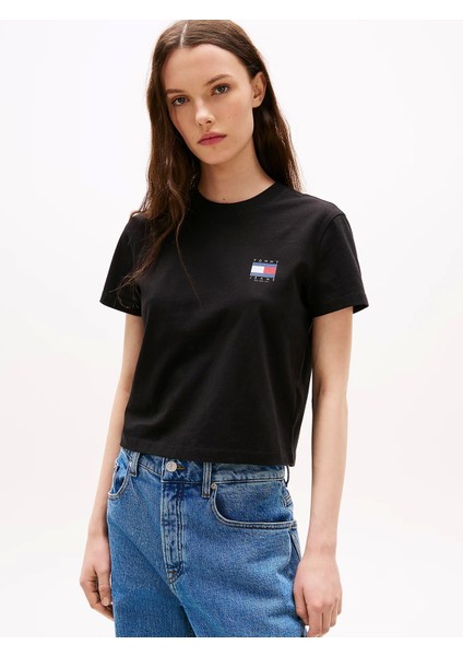 Tjw Reg Sh Tommy Us Flag Ss Tee Kadın Siyah T-Shirt DW0DW21423BDS