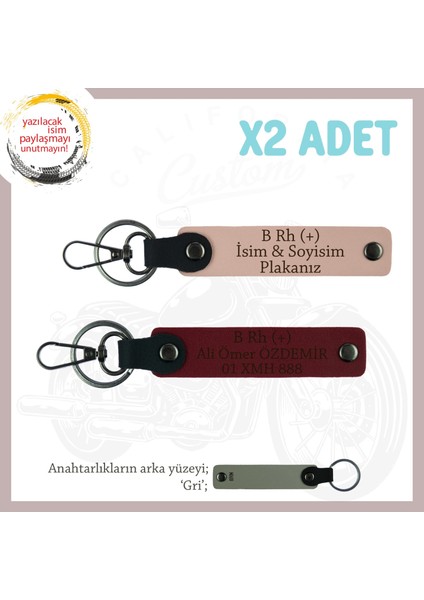 Yol Arkadaşlarına Özel, Isim Plaka ve B Rh (+) Kan Grubu Yazılı, 2'li Anahtarlık, Yavruağzı-Bordo-Gr