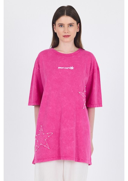 Fuşya Inci Yıldız Nakışlı Oversize Tişört 253018