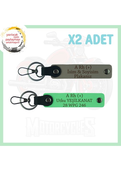 Kül Gri-F Yeşil, Motorcu Dostlara, Isim Plaka ve A + Kan Grubu Yazılı Güvenli Sürüş 2'li Anahtarlık