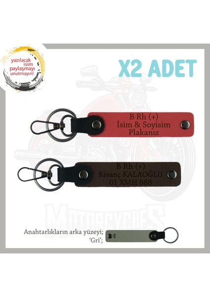 Motor Severlere Özel, Isim Plaka ve B Rh (+) Kan Grubu Yazılı X2 Anahtarlık, Nar Çiçeği-K Kahve-Gr