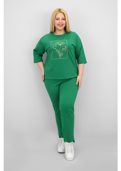 Kadın Büyük Beden Kısa Kollu Çiçek Işlemeli Eşofman Takımı 8199-25