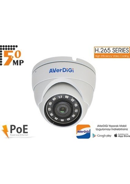 Averdıgı AD- 850D 5. 0mp 3. 6mm Lens 18 Smd LED H. 265 Poe Ir Dome Ip Kamera