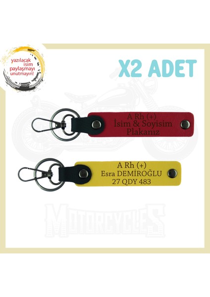 Kırmızı-Sarı, Motor Severlere, Isim Plaka ve Kan Grubu Yazılı Özel Tasarım Hediye 2'li Anahtarlık