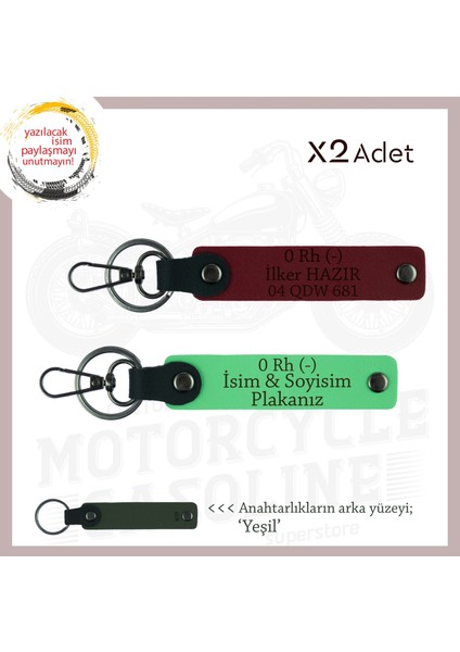 Motorcu Yolculara, Isim Plaka ve 0 - Kan Grubu Yazılı Güvenli Sürüş Anahtarlığı, F Yeşil-Bordo-Ysl