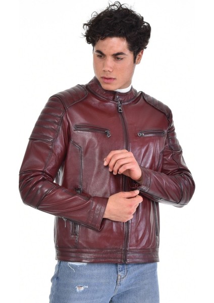 Hakiki Deri Kahverengi Motorcu Dört Cepli Erkek Deri Ceket