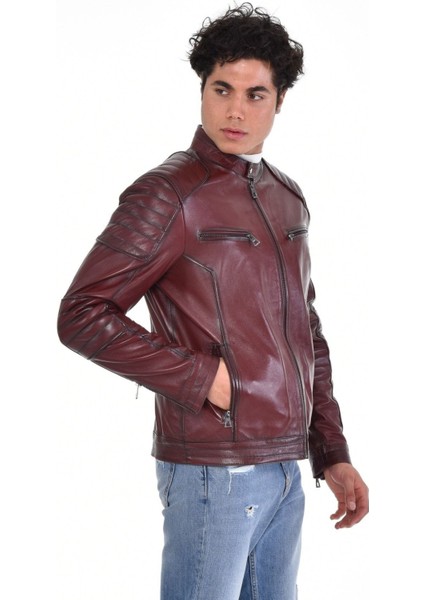 Hakiki Deri Kahverengi Motorcu Dört Cepli Erkek Deri Ceket modelleri