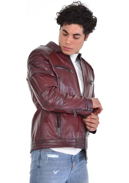 Hakiki Deri Kahverengi Motorcu Dört Cepli Erkek Deri Ceket
