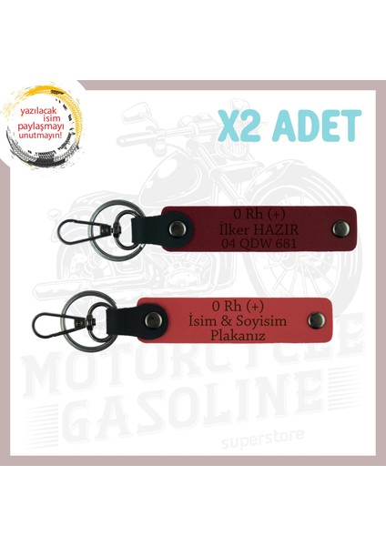 Nar Çiçeği-Bordo, Motorcu Tarzına Özel, Isim Plaka ve 0 Rh (+) Yazılı Güvenli Sürüş 2'li Anahtarlık
