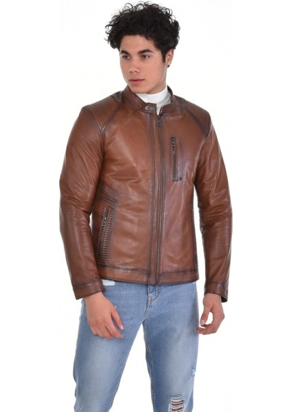 Hakiki Deri Kahverengi Oscar Hakim Yaka Erkek Deri Ceket