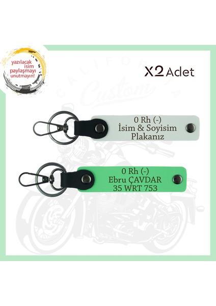 Beyaz-Fıstık Yeşil, Motorcu Arkadaşlara, Isim Plaka ve 0 Rh- Kan Grubu Yazılı Acil Durum Anahtarlığı