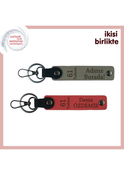 61 Trabzon Temalı Anahtarlık, Yeni Mezun Yakına Hediyelik Deri Çift Set, Kül Gri-Nar Çiçeği
